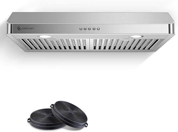 AMZCHEF 30" Under Cabinet Range Hood with Dual Fans System-1050CFM Ultra-Powerful Ventilation,3 Speed Stainless Steel Kitchen Hood Button Control Dishwasher-Safe Baffle Filters Three Outlet Design