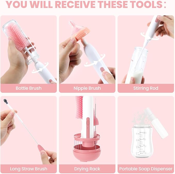 Electric Bottle Brush Cleaner,Rechargeable Baby Bottle Cleaning kit with Formula Mixer, Silicone Nipple&Straw Brush, Soap Dispenser, Drying Rack-IPX7 Waterproof,Long Battery Life for Home & Travel