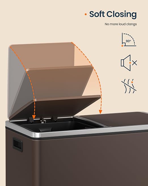 SONGMICS HOME Trash Can with 2 Compartments for Kitchen, Garbage Can with 15 Trash Bags, Brown