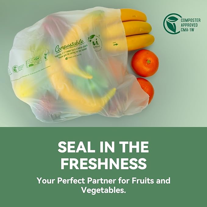 UNNI Compostable Produce Bags, 15"x17", 1400 Count, ASTM D6400, BPI, CMA & OK compost HOME Certified, For Farmers Markets, Grocery Stores & Sustainable Produce Storage, Rooted in San Francisco
