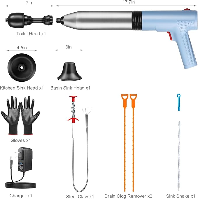 Electric Toilet Plunger, Blue One-Touch High Pressure Air Drain Blaster with Real-Time Barometer & Multi-Accessory Kit, Heavy Duty Automatic Drain Unclogger for Toilets, Sinks, Tubs, Pipes