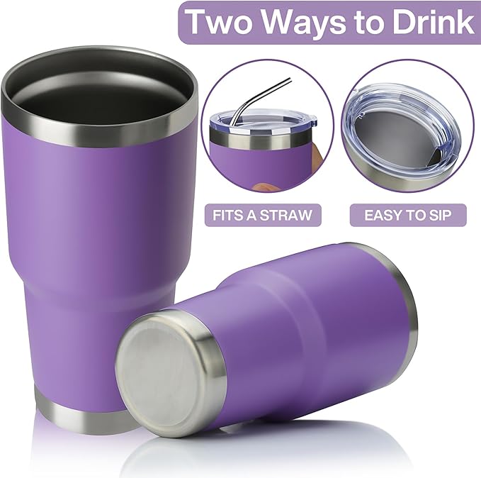 MEWAY 30oz Insulated Tumbler With Lids and Straws,Stainless Steel Double Vacuum Coffee Tumbler Cup, Brush, Durable Powder Coated Coffee Cup for Cold & Hot Drinks, Office, Travel(Purple,8 PACK)