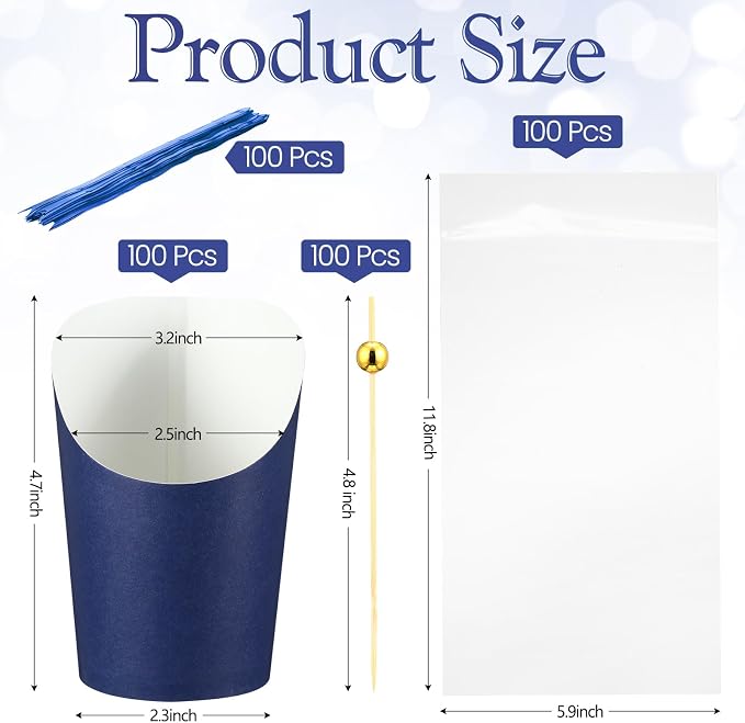 Bokon 100 Set 14 oz Charcuterie Cup with Stick and Bag, Disposable French Fries Snack Popcorn Dessert Fruit Holder for Birthday Wedding Graduation Party Supplies(Blue)
