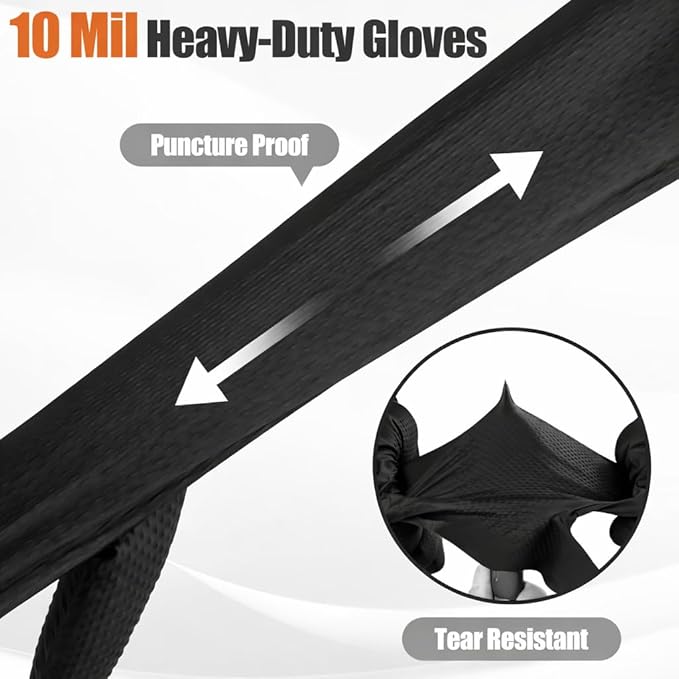 TREEGO 10 Mil Black Nitrile Gloves Heavy Duty — Raised Diamond Texture Grip, Latex Free Disposable Mechanic Work Gloves, Large, 100 Count