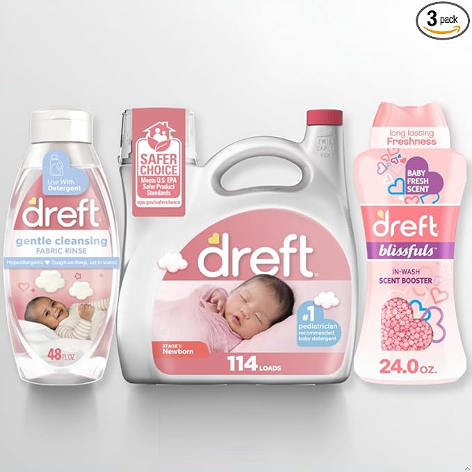 Dreft Newborn Baby Laundry Starter Kit: Newborn Laundry Detergent, Laundry Scent Booster Beads, and Gentle Cleansing Fabric Rinse, Hypoallergenic, Dermatologist Tested on Sensitive Skin