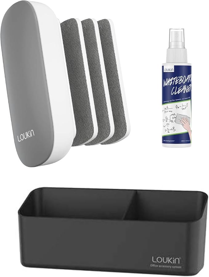 loukin Whiteboard Accessories Bundle | Replaceable Magnetic Dry Erase Eraser (Gray) & Magnetic and Adhesive Marker Holder & Whiteboard Cleaner (3.4 fl oz)