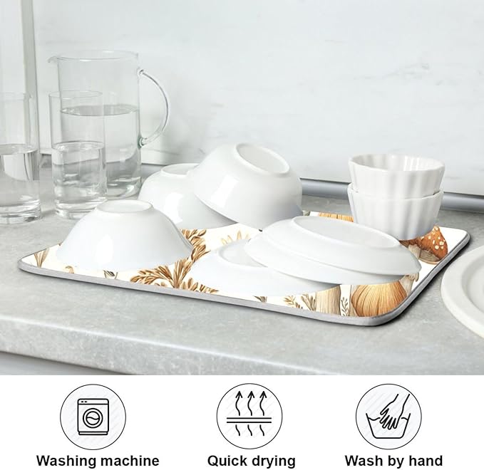 Watercolor Mushrooms Dish Drying Mat Absorbent Kitchen Pads for Counter Kitchen Dish Dryer 16 x 18 Mat under Dish Drainer