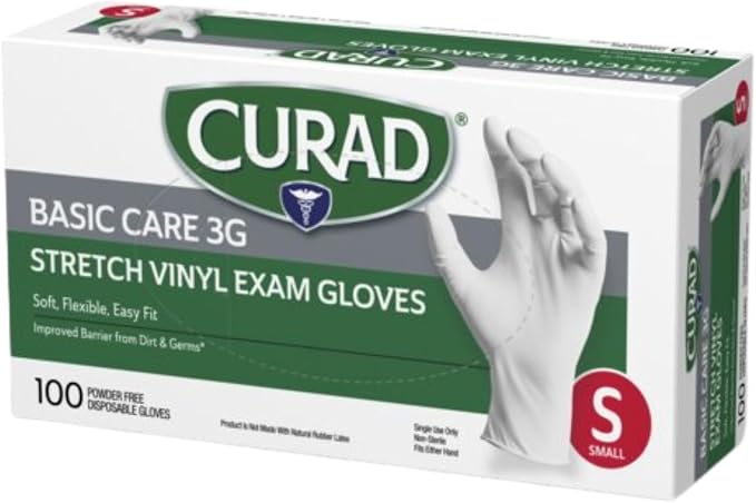 Curad Basic Care 3G Stretch Vinyl Exam Gloves, Powder Free, Small, 100 Count (Pack of 3)