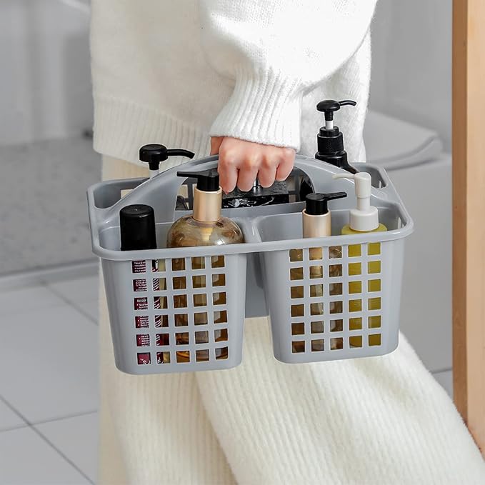 JiatuA Portable Shower Caddy Basket Cleaning Supplies Organizer with Handle Plastic Tote Storage Tool Bin for Bathroom Kitchen Bedroom College Dorm, Under Sink, Garden, Pink & Grey
