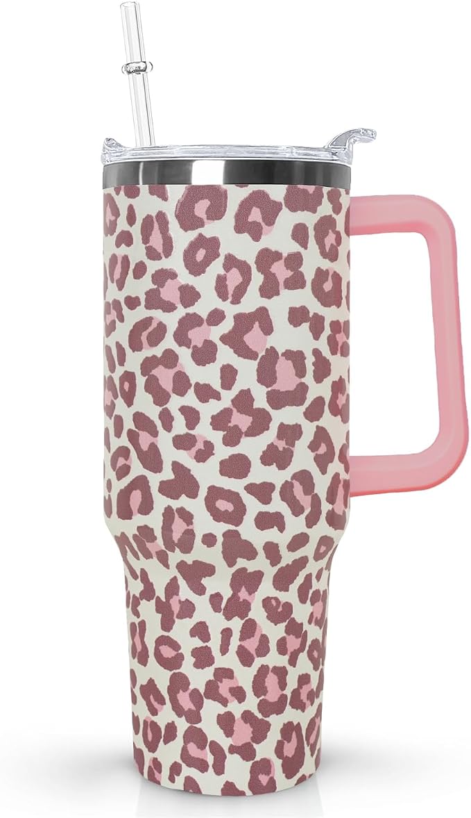 Ceovfoi 40oz Pink Leopard Tumbler with Handle Lid Straw, Insulated Coffee Mug Water Bottle, Leopard Print Decor Gifts for Women