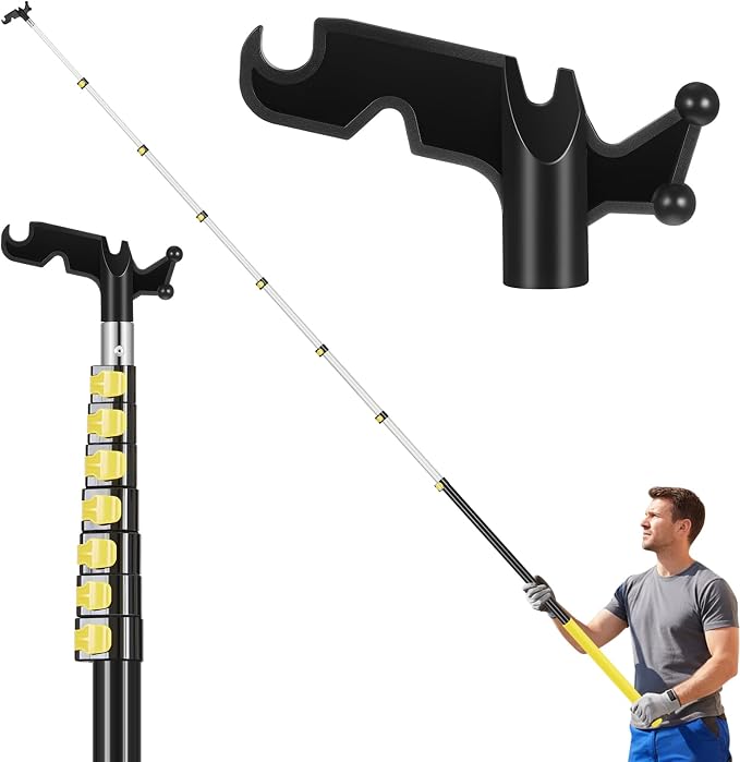 7.7-42ft Long Christmas Light Hanger Pole with Utility Hook, Telescopic Extension Pole Multi-Purpose for Christmas String Lights Installation Painting Cleaning Without Ladder (Yellow)