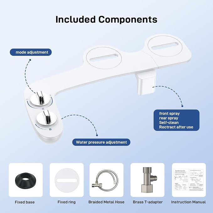 GarveeHome Bidet Attachment for Toilet, Dual Self-Cleaning Nozzles with Rear & Feminine Wash, Adjustable Water Pressure, Easy Installation, White Hygienic Bathroom Accessory