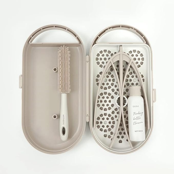 MOTHER-K Travel Baby Bottle Drying Rack Set (Cream Mocha) + Sippy Cup 8oz (Pink)