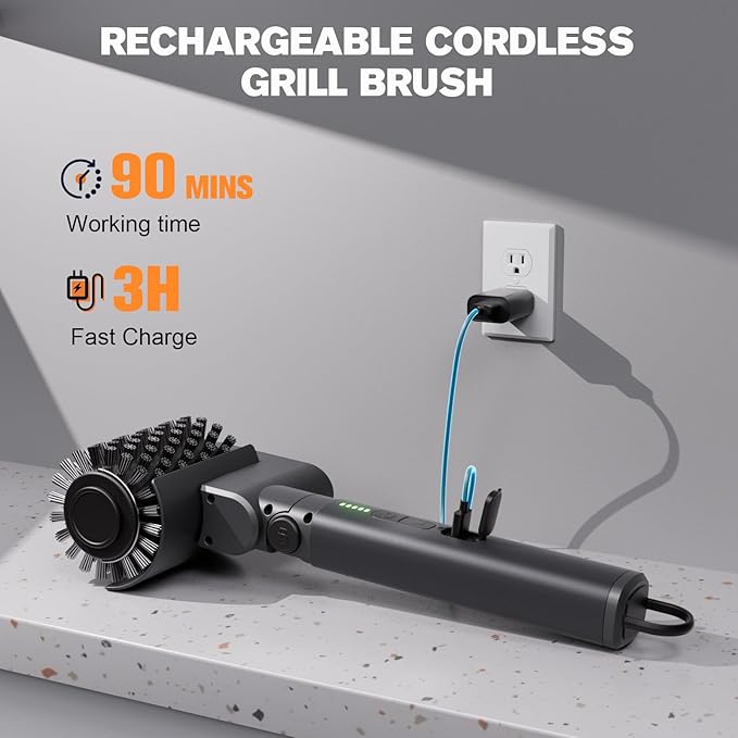 Electric Grill Brush for Outdoor, Electric Grill Cleaner with 2 Heads, 3-Speed & Angle Adjust Cordless BBQ Grill Brush, 150Mins Runtime Grill Cleaning Brush for Outdoor Barbecue Grates