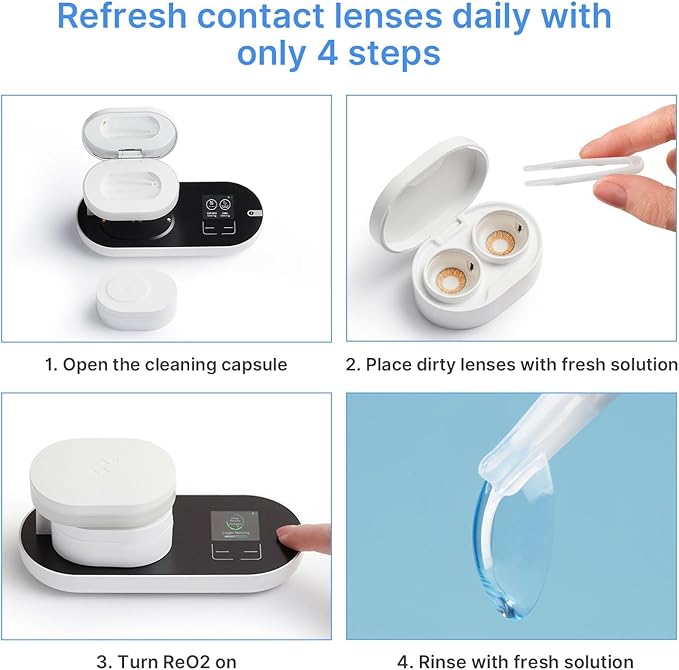 ReO2 Gen6 Soft Contact Lens Cleaner for Moisture Retention, Advanced Cleaning Solution with Electrophoresis Technology, Deep Clean and Rehydrate in 10 Min, with Mirror and Tweezer (White)