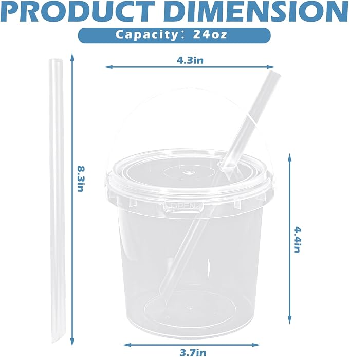 JarThenaAMCS 50Pcs Clear Plastic Cups with Lids & Straws 24 Oz Drink Bucket with Handle Disposable Cocktail Pails for Beach Pool Birthday Baby Shower Party Supplies