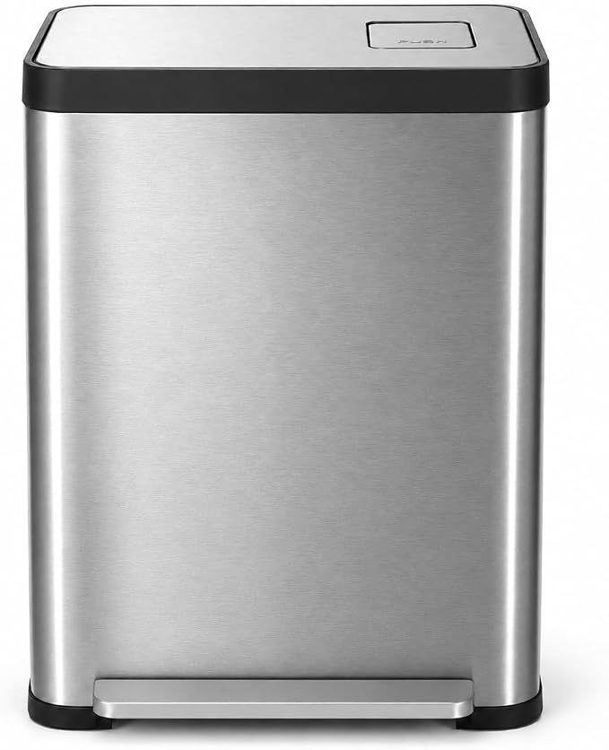 Home Zone Living 19 Gallon Kitchen Trash Can with Dual Compartments | Stainless Steel with CleanAura Odor Control, Soft-Close Step Pedal Lid and Recycling Flap for Quick Disposal, Silver