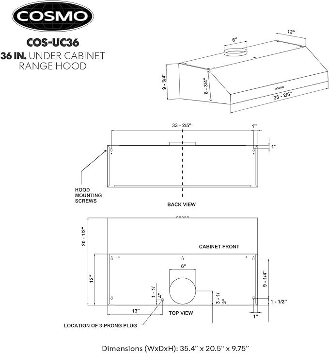 COSMO UC36 36 in. Haven Collection 380 CFM Ducted Under Cabinet Range Hood, LED Lights, Button Controls, Stainless Steel