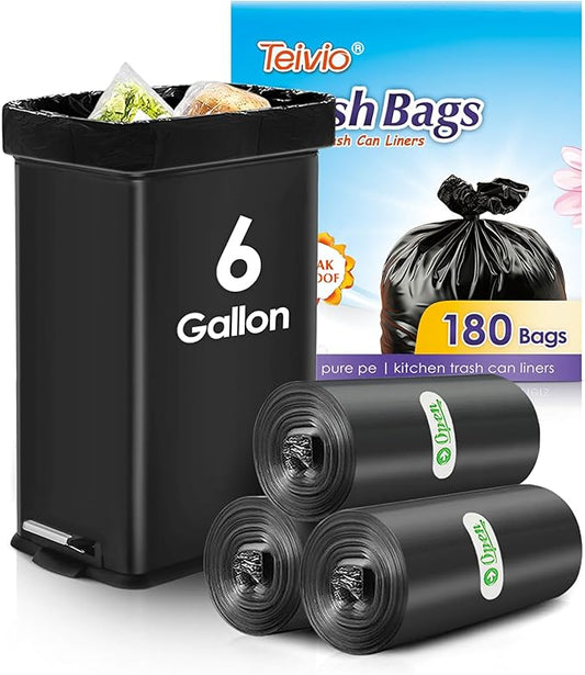 Teivio 6 Gallon 180 Counts Medium Black Garbage Bags Trash Bags, Waste Basket Liner, Bathroom Trash Can Bin Liners, Plastic Bags for home office kitchen, Black