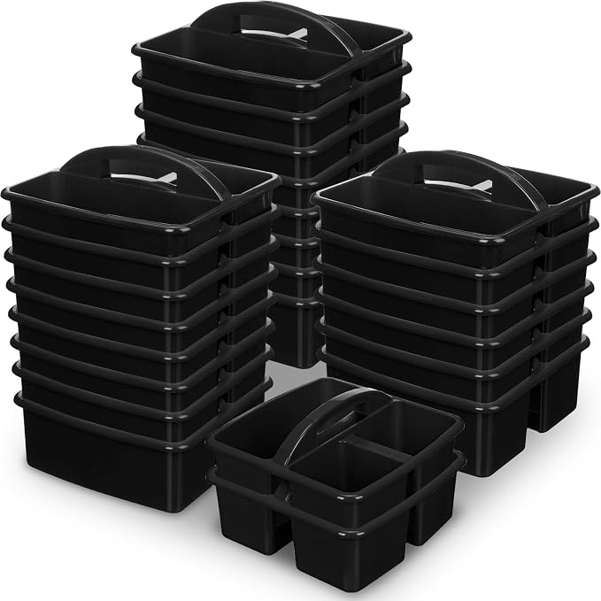 Geelin 24 Pack Classroom Caddy Bulk, Plastic Storage Caddy with Handle and 3 Compartments, Stackable Art Supply Caddies Organizer(Black)