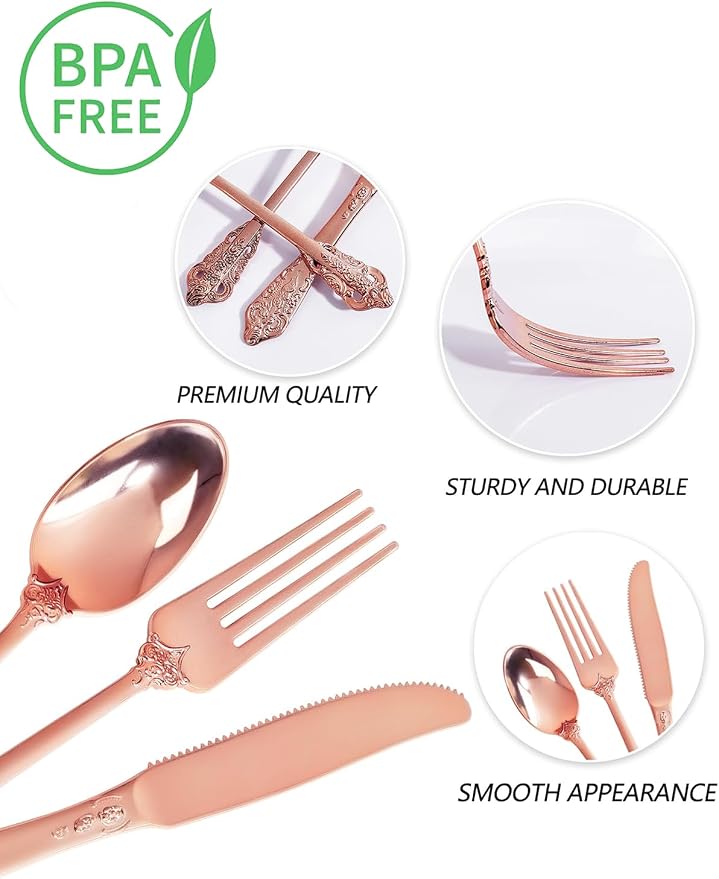 WDF 120Pieces Rose Gold Plastic Silverware - Heavy Duty Rose Gold Plastic Cutlery Set - Disposable Utensils - Flatware Includes 40 Forks, 40 Spoons, 40 Knives for Wedding Party Birthday
