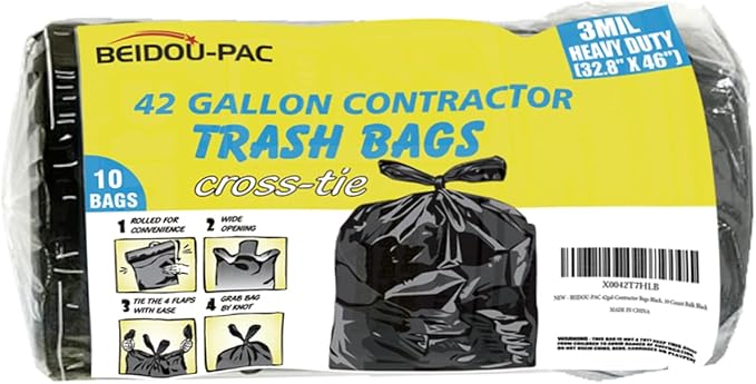 BEIDOU-PAC Contractor Heavy Duty Trash Bags 42 Gallon | 10 Count | 3 MIL | 32.8" X 46" | Large Black Flap Tie Construction Garbage Bags for Business Home Commercial, Industrial, Storage, Outdoor