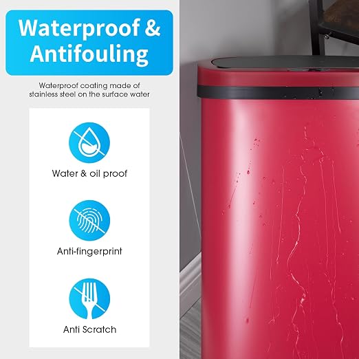BestOffice Trash Can Broken-Resistant Plastic Touch Free High-Capacity Garbage Can with Lid for Bedroom Bathroom Home Office 49 Liter 13 Gallon Trash Can Automatic Kitchen Trash Can (Red)
