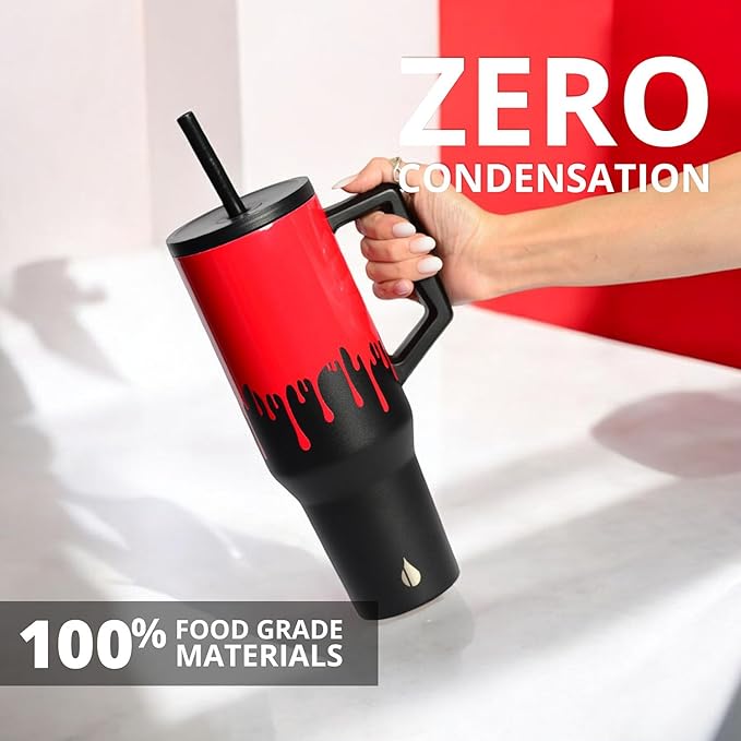 Elemental 40 oz Tumbler with Handle and Straw - Spill Proof Insulated Stainless Steel Commuter for Cold Beverages - Travel Coffee Mug with 2 Straws & Spill Proof Lid - 40oz - Sanguine Drip