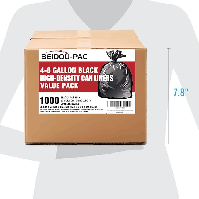 BEIDOU-PAC 4-6 Gallon Trash Bags, 1000 Count Bulk Value Pack Black Garbage bags, Multi-purpose Trash Can Bin Liners for Bathroom, Office, Industrial, Commercial, Janitorial, Municipal, Recycling