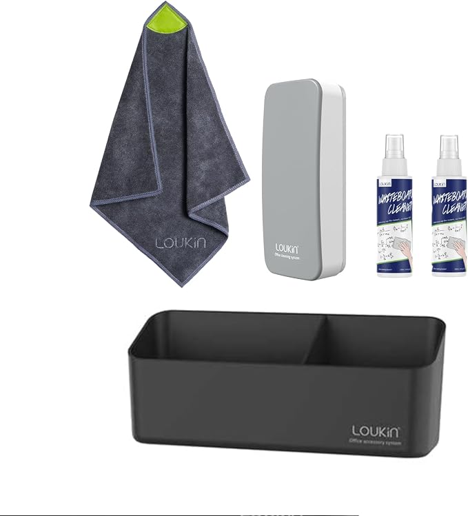 LOUKIN | Magnetic Cleaning Cloth 1 Pack & Magnetic Dry Erase Eraser (Gray) & Non-Toxic Whiteboard Cleaner (3.4 fl oz) 2 Pack & Magnetic and Adhesive Marker Holder (Black)