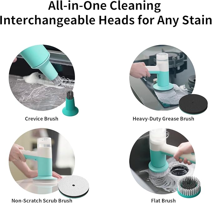 Dual-Rotation Electric Spin Scrubber, Cordless Shower Scrubber - IPX5 Waterproof Multi-Surface Cleaning Brush for Bathroom, Kitchen, Tile, Glass & More - Includes 4 Brush Heads