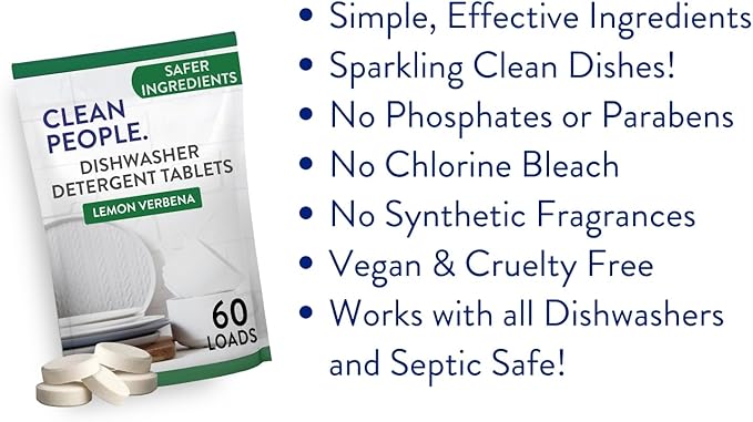 The Clean People Dishwasher Tablets - Cuts Grease & Rinses Sparkling Clean - Residue-Free - Phosphate Free Dishwashing Tablets (60 Count, Fragrance Free)