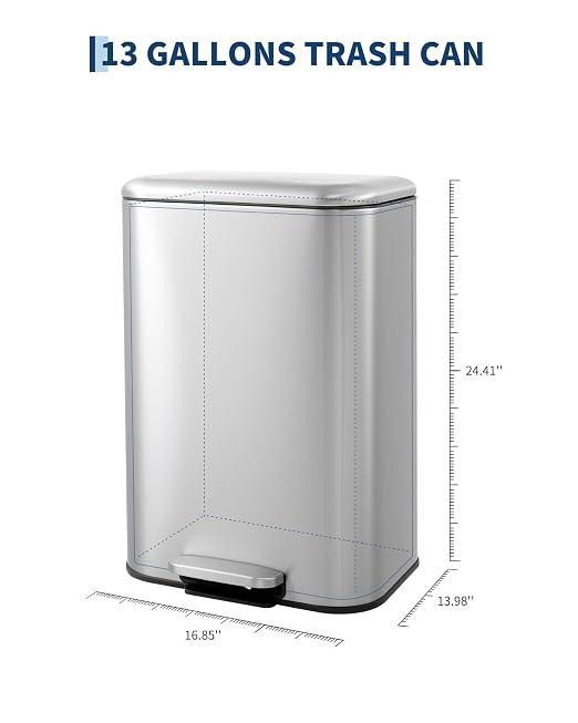 IDEALHOUSE 13 Gallon / 50L Stainless Steel Step Trash Can - Hands-Free Waste Bin with Soft-Close Lid, Removable Inner Bucket, Rectangular Design for Kitchen, Home, Office & Bathroom, Stainless Steel