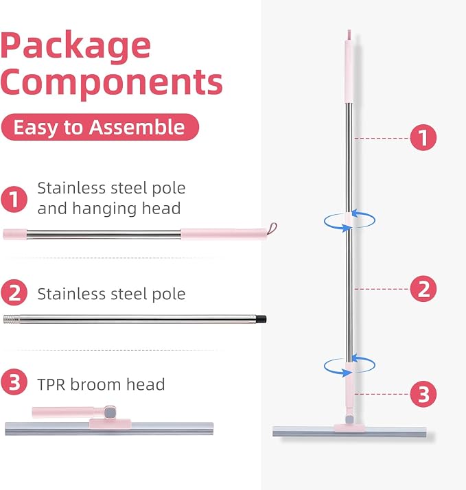 Floor Squeegee with Long Handle, 51 inch Stainless Steel Handle & 19 inch Rubber Blade, Heavy Duty Squeegee Mop for Tile, Garage, Shower Glass, Marble, Windows Cleaning & Water Removal