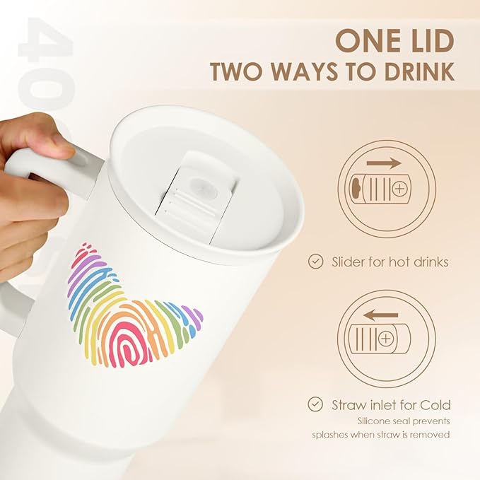 SANDJEST LGBT 40oz Tumbler with Handle and Straw, Insulated Stainless Steel Travel Coffee Mug for Gay Lesbian Adults Friends, Gift Idea for Birthday Christmas Pride Month (Heart Fingerprints)