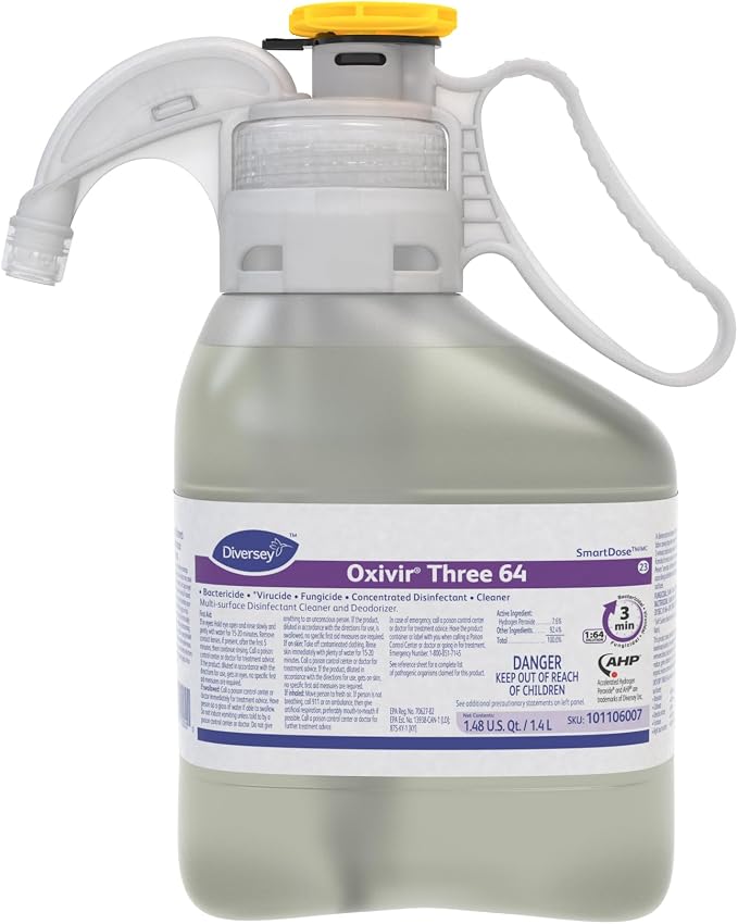 Oxivir Diversey 101106007 Three 64 Disinfectant Cleaner, Multi Purpose Hard Surface Cleaner, Hydrogen Peroxide Based Concentrate, Unscented, SmartDose, 1.4-Liter