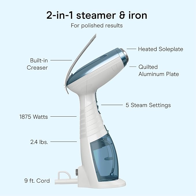 Conair Handheld Garment Steamer for Clothes, Turbo ExtremeSteam 1875W Fabric Clothes Steamers, Hand Steamer for Clothes, Portable Handheld Garment Steamers for Clothes, Handheld Steamer, Blue