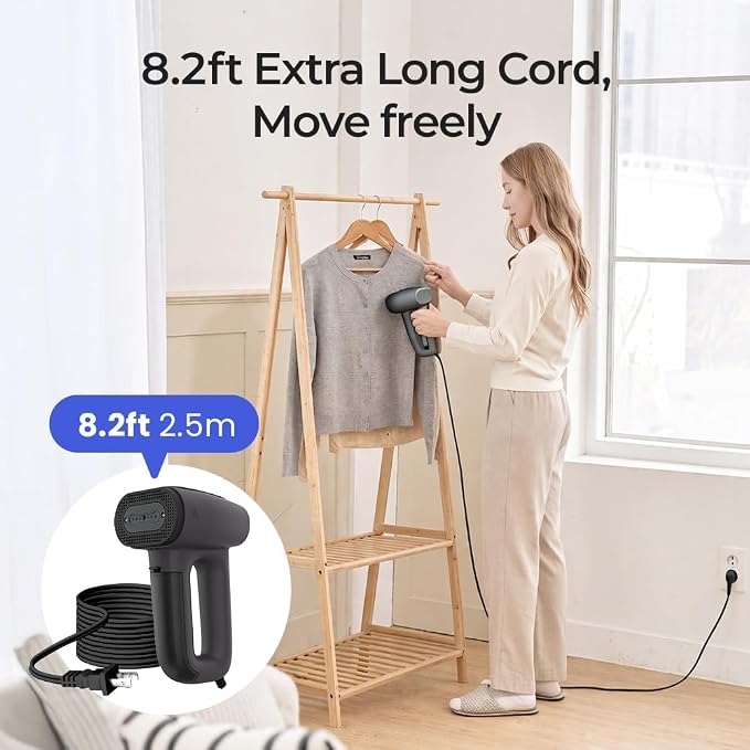 HubiCare Vacuum Garment Steamer, 2.5m Extra-Long Cord, Fabric-Grip Suction with Higher-Output Steam, Handheld Steamer for Clothes, 110–120V, Lightweight, Metallic Black