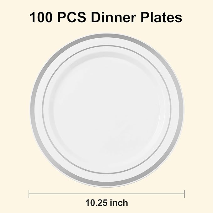 BESTSTAR 100PCS White Plastic Plates for Party, 10.25 Inch Disposable Plates with Silver Rim, Heavy Duty Dinner Plates for Wedding and Birthday