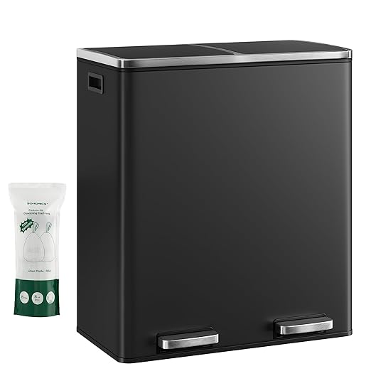 SONGMICS HOME Trash Can with 2 Compartments for Kitchen, Garbage Can with 15 Trash Bags, Black