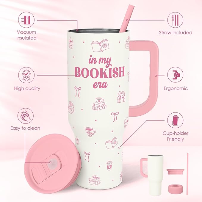 SANDJEST Book Lovers 40oz Tumbler With Handle and Straw, in My Bookish Era Insulated Stainless Steel Travel Coffee Mug for Women Girls Bookworms, Gift Idea for Birthday Christmas Mothers Day