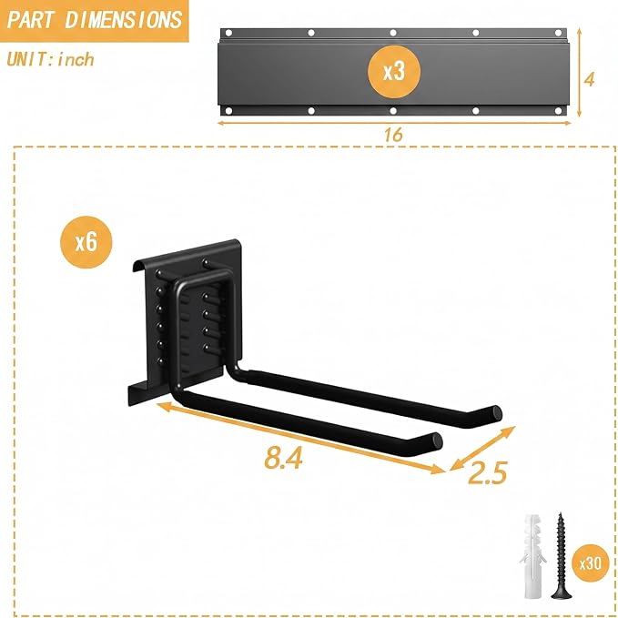 CBWLWJ 48'' Garage Tool Organizer Wall Mount - Heavy Duty 480 lbs Capacity Tool Rack with 6 Adjustable Straight Hooks, Wall Mounted Storage System for Garage, Shed, Workshop (Black)