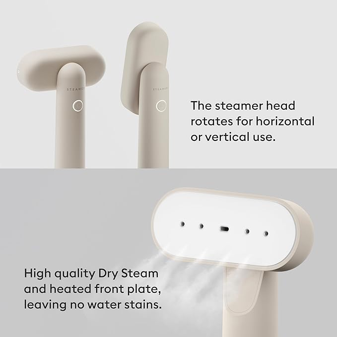 Steamery Travel Steamer Cirrus Lite, 1200W, Steam Output 16g/min, Heat up 18 Seconds, Portable & Packable, Rotating Steam Head, Dry Steam Technology (Beige)