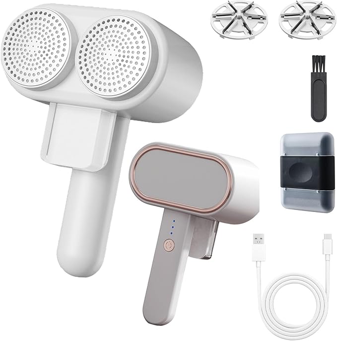 Dual-Head Electric Fabric Shaver & Lint Remover - 6 Leaf Blades, 3 Modes, Rechargeable Battery for Clothes, Couch, Furniture - Defuzzer with Long-Lasting Power