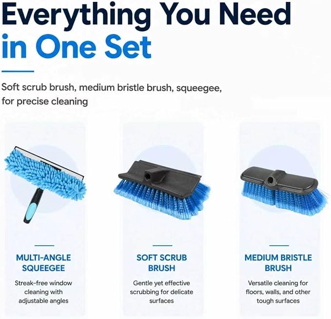 28 FT Exterior House Cleaning Brush Set with 6-21 Foot Telescoping Extension Pole, Soft Scrub Car Wash Brush, Medium Bristle Cleaning Brush and Window Squeegee & Washer