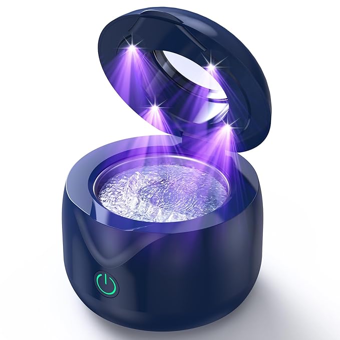 CXRUY Ultrasonic Retainer Cleaner - UV Dental Cleaning Pod Night Guard Cleaner for Dentures, Aligner, Braces, Toothbrush Heads, Jewelry (Navy Blue)