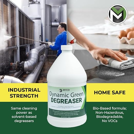 Myco Dynamic Green Degreaser 4 Gal – Biodegradable Heavy-Duty Cleaner & Concentrate, pH 12.4, VOC-Free, Makes 55 Gal, Commercial & Residential Multi-Surface Use: Kitchen, Equipment, Fire Restoration