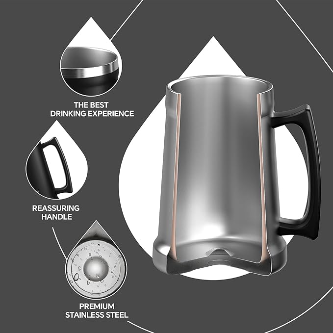Ideus Insulated Beer Stein, 24/32oz Stainless Steel Double Walled Beer Mug Giant Bar Drinkware Metal Beer Cup with Big Grip Handle (Black, 24 ounces (710ml))
