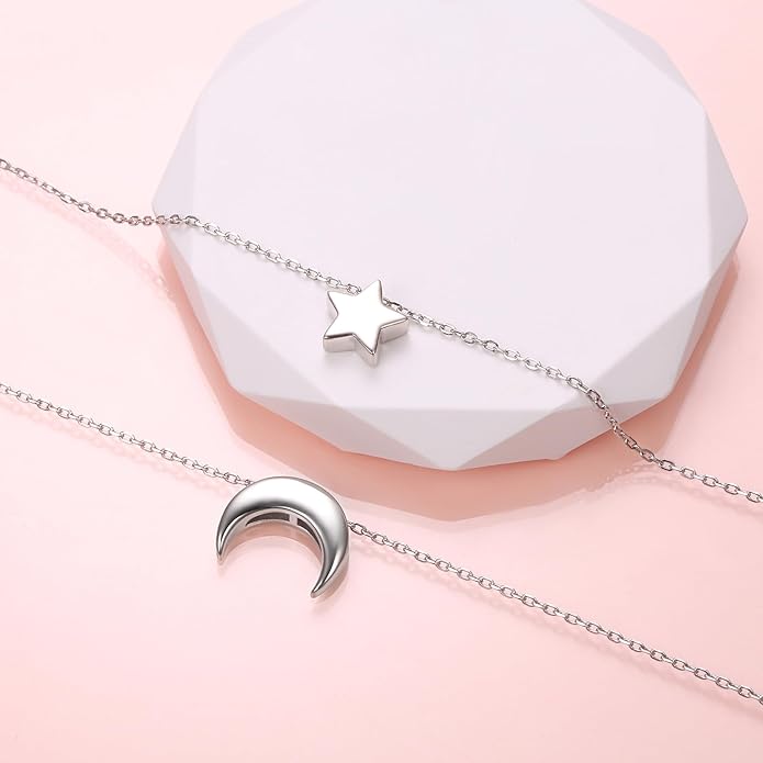 FLYOW Layered Choker Necklace S925 Sterling Silver Star Full Moon Daisy Flower Pendant Disc Jewelry Adjustable Clavicle Necklaces for Women Girls Birthday Gifts