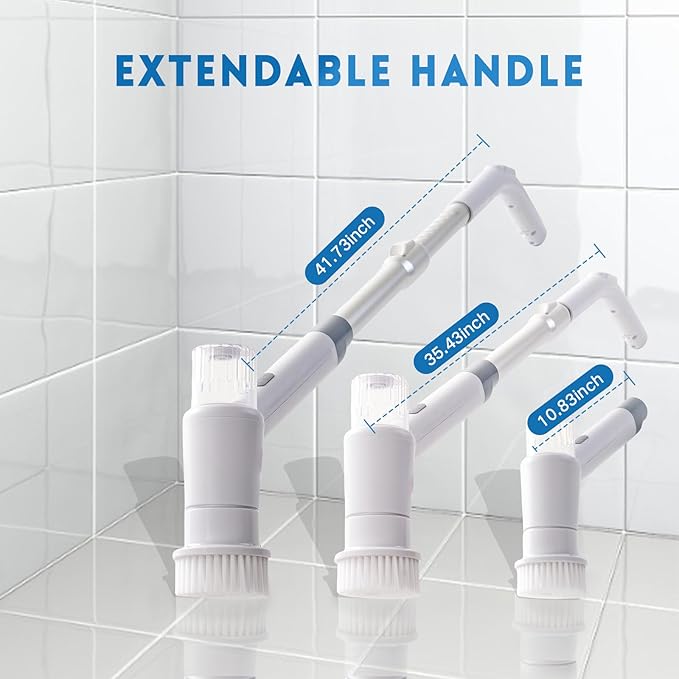 Electric Spin Scrubber,Spray with Foam Cordless Cleaning Brush, 2-Speed Shower Scrubber, Shower Cleaning Brush with 9 Replaceable Brush Heads, Adjustable Removable Handle for Bathroom（White & Grey）